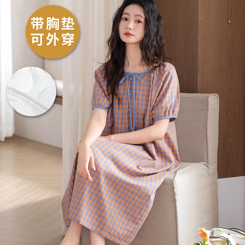 2025新款自带胸垫睡裙女款夏季薄款格子一体式夏天大码睡衣家居服