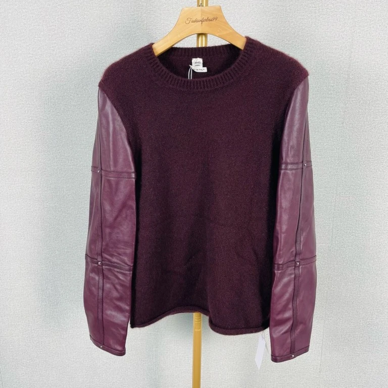 99新 Hermes/爱马仕 酒红色女士长袖皮革针织套头衫 40 13528035