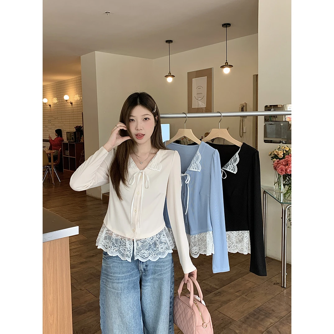 【梦梦】2025春季新款大码胖mm女高级感假两件拼接蕾丝纯欲上衣