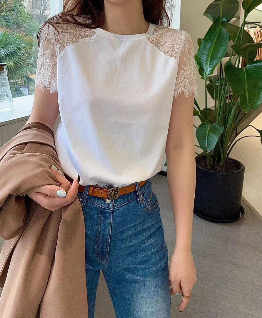 专柜正品2025年夏季气质黑色半袖蕾丝镂空拼接短袖T恤女5300653