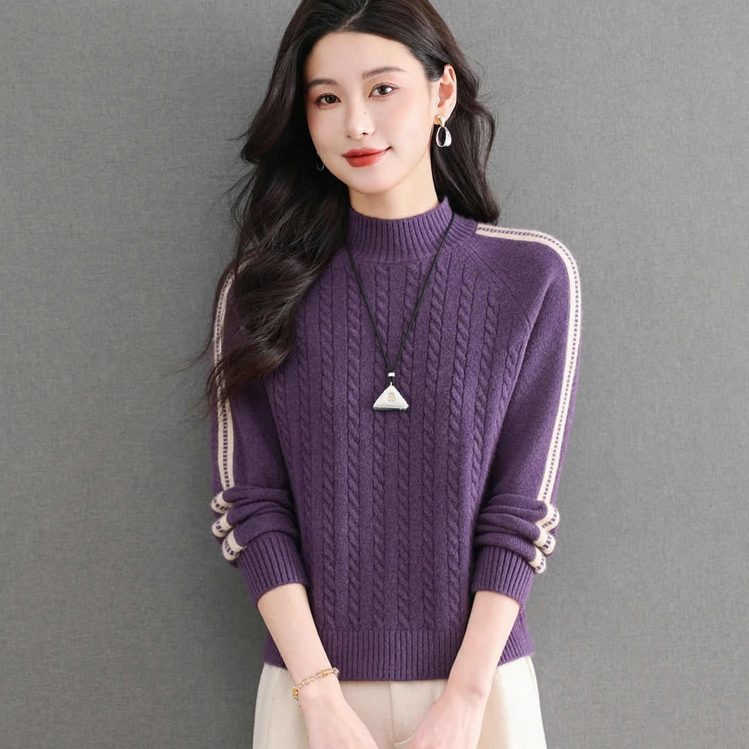 正品秋冬新款拼色扭花花纹半高领长袖针织衫洋气设计感百搭通勤风