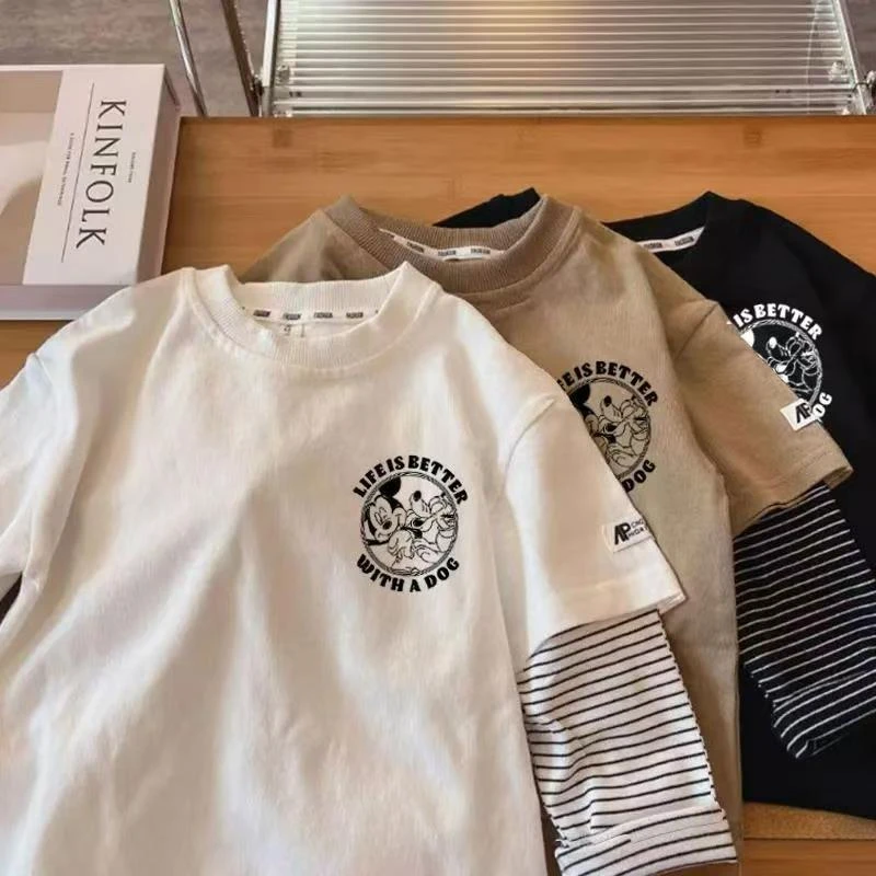 儿童春秋季新款纯棉假两件T恤长袖男女童宝宝卡通布布上衣打底衫t