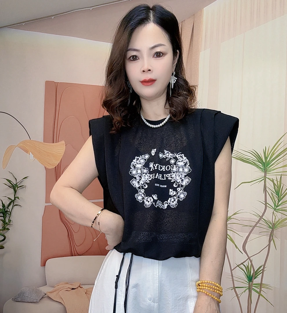 韩熙家夏季新款欧货设计感印花无袖坎肩T恤衫女休闲风时尚百搭上