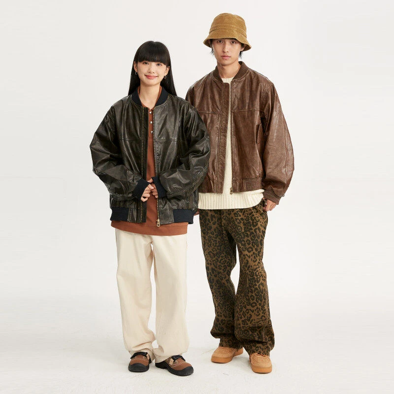 美式复古做旧宽松水洗皮衣夹克