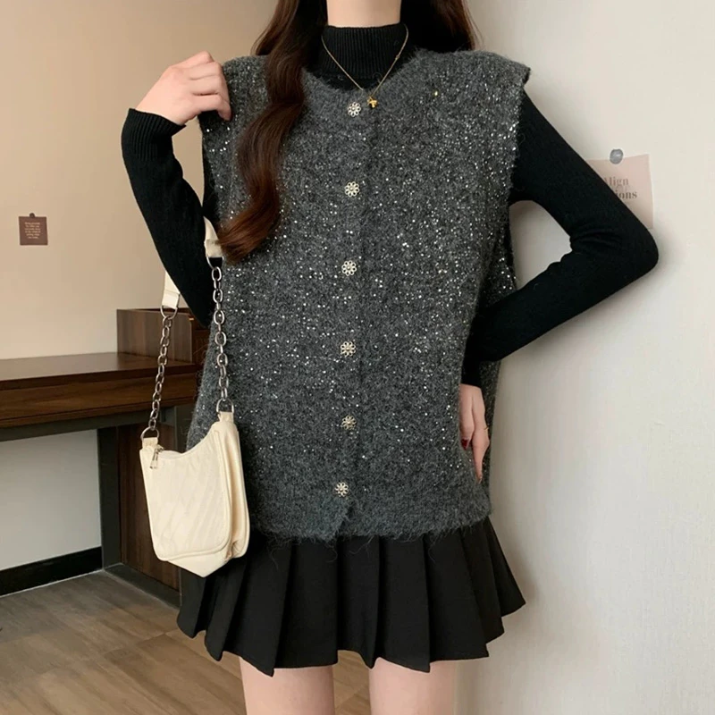 0039亮片圆领针织马甲开衫女25年新款设计感洋气马夹上衣