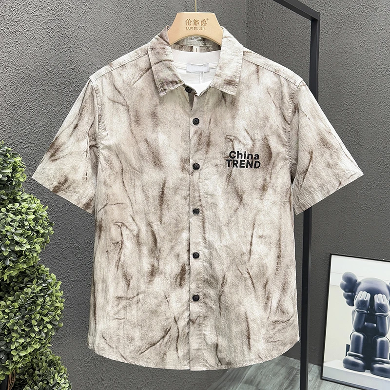 痞帅高级感印染衬衫夏季男装青年宽松半袖衬衣帅气复古百搭上衣潮