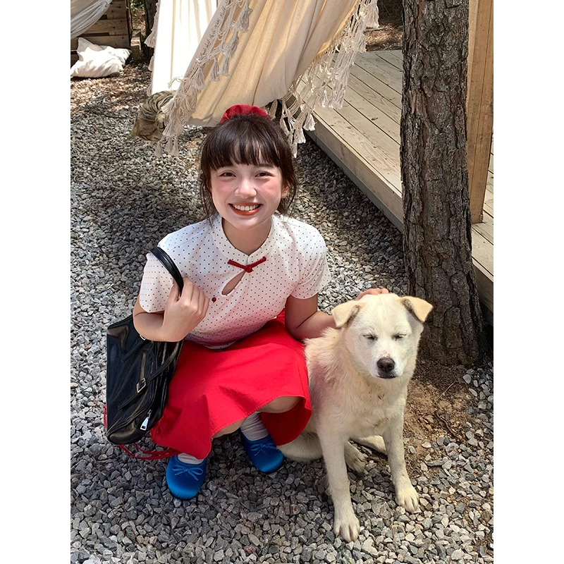 嘿山姥姥新中式针织短袖上衣女夏小立领百搭设计感盘扣衬衫