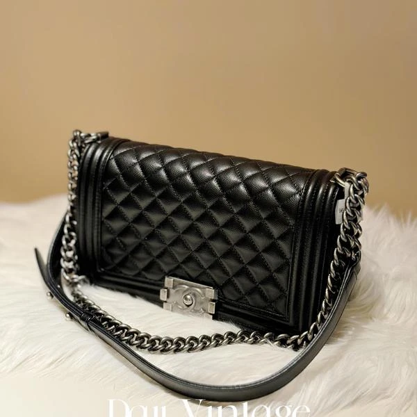 大吉中古/24年Chanel香奈儿黑银牛皮中号leboy单肩包