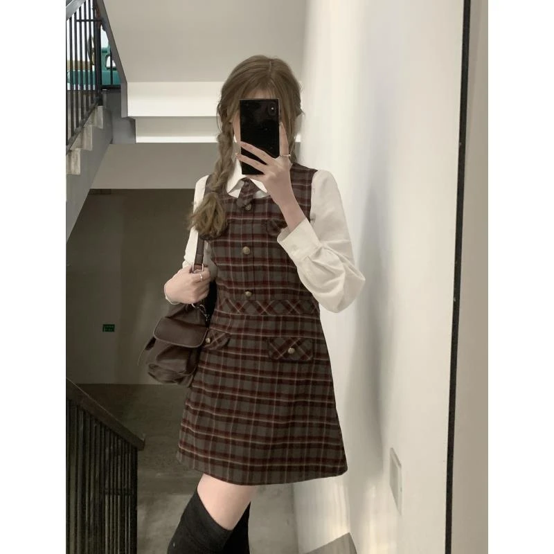 ishui-首尔学妹2.0-小香风学院风韩系复古格子格纹气质背心连衣裙
