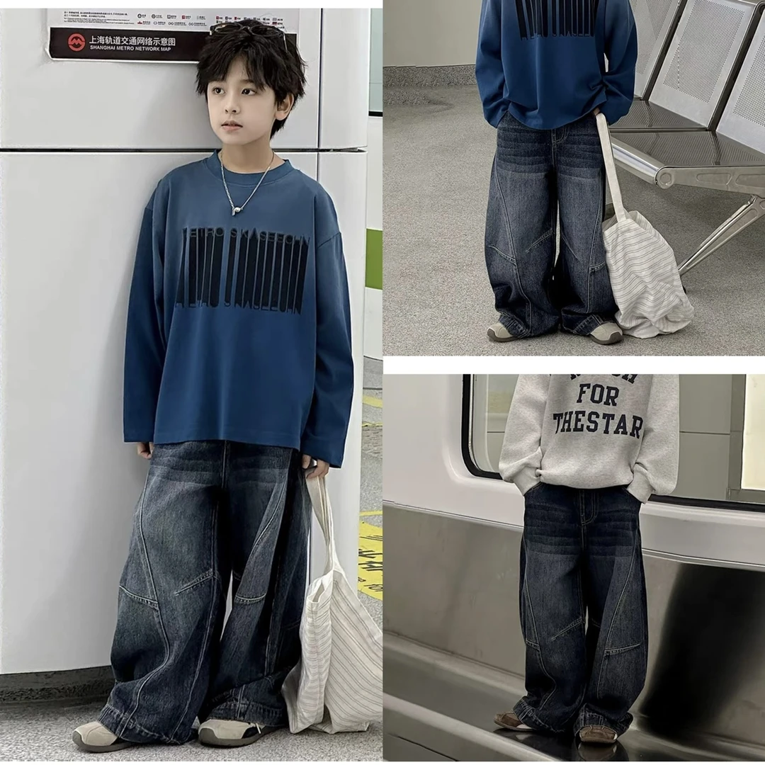 男童宽松牛仔2025秋季美式休闲牛仔长裤百搭时尚潮牌直筒牛仔裤潮