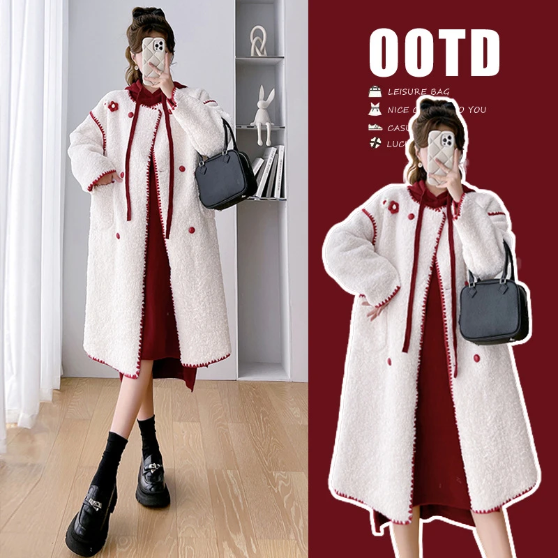 洋气秋季衣服裤子孕妈孕妇装冬季套装新款连帽毛衣裙+外套两件套