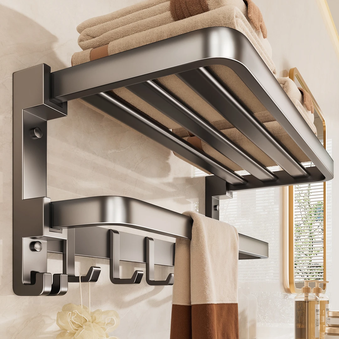 百年正和浴室毛巾架免打孔太空铝多功能置物架可折叠卫生间浴巾架