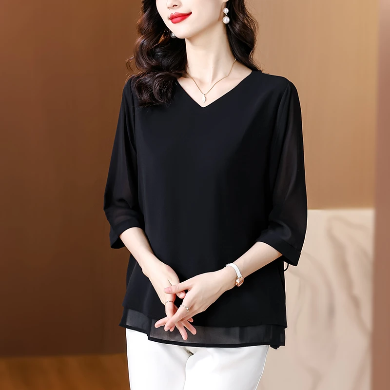 简约大方V领双层黑色雪纺衫25夏新款宽松遮肚中老年气质上衣2037