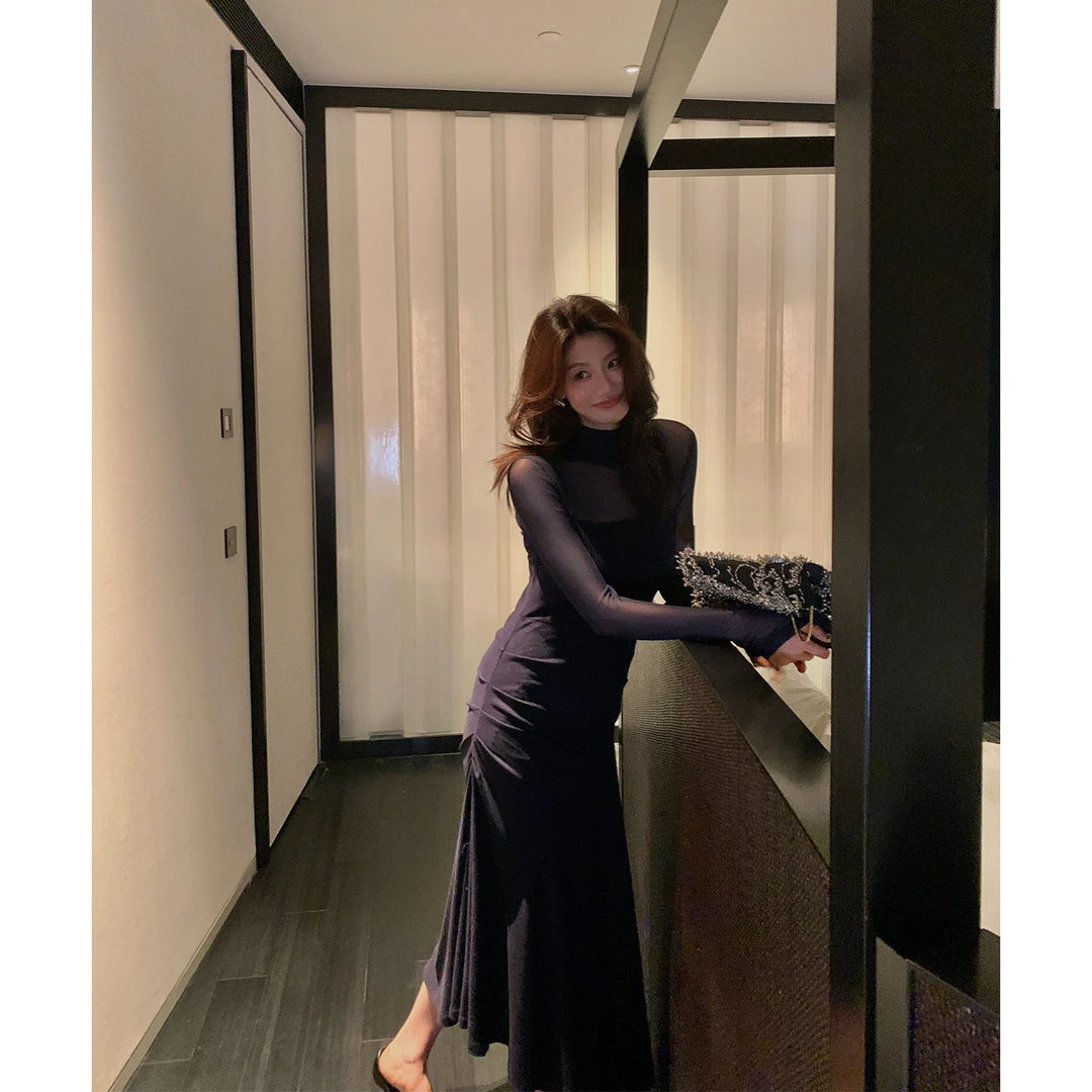 【ALONESAVOR】龍喜儿 幽蓝纱裙优雅网纱拼接收褶连衣裙K140