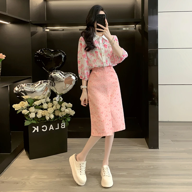 五分袖雪纺衬衫女温柔风衬衣减龄上衣牛仔半身裙高腰中长款包臀裙