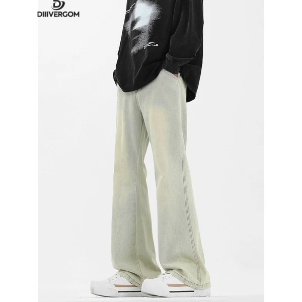 美式复古水洗牛仔裤男新款直筒宽松微喇vibe高街潮牌设计感长裤子