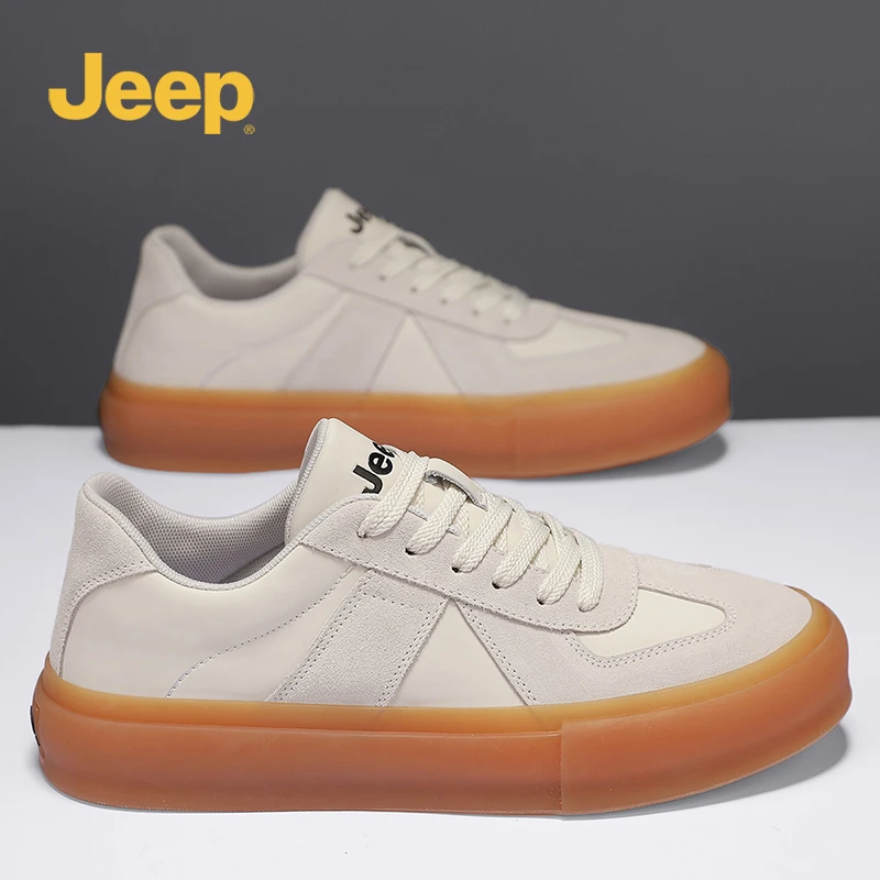 jeep吉普男鞋2025新款春季真皮复古麦色休闲鞋德训鞋软底运动板鞋