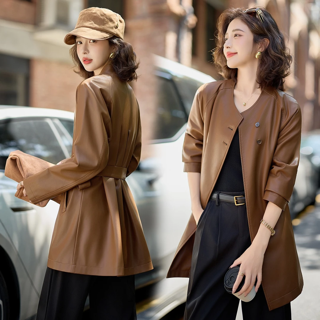 高级设计感圆领皮衣女中长款秋季气质收腰系带巨好看PU皮风衣外套