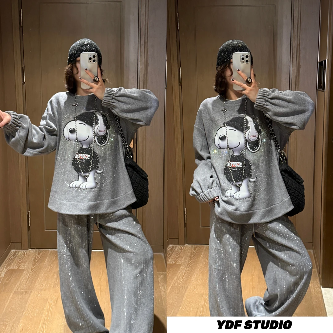 YDFSTUDIO小众【趣味奇遇】欧货高品重工卡通烫钻设计上衣+裤子套装
