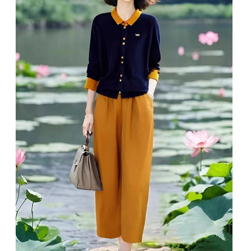 新款气质安迪绒洋气撞色翻领针织衫上衣松紧腰长裤两件套