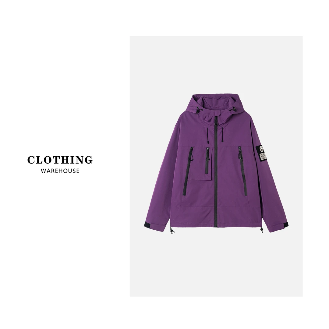 B588 美式潮牌户外机能工装风徒步爬山连帽冲锋衣夹克88801紫色