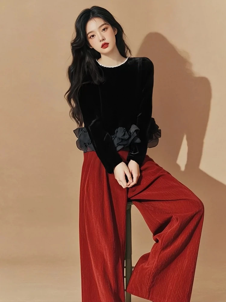 韩系氛围感穿搭又a又飒黑色拼接荷叶边丝绒衬衫高级感阔腿裤套装