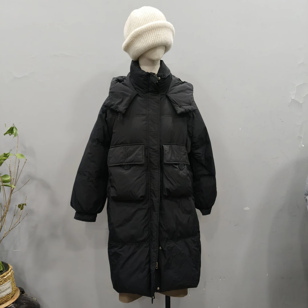 保暖黑色中长款连帽拉链长袖过膝插肩袖休闲韩版抽绳宽松加厚冬季