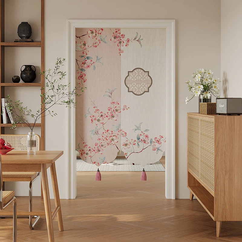 新中式卧室客厅门帘仿亚麻免打孔卫生间遮挡布帘厨房隔断遮光门帘