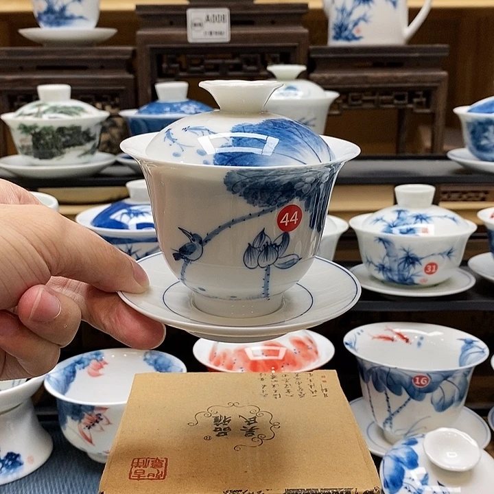 手绘荷花翠鸟盖碗160cc釉下彩微瑕福利款