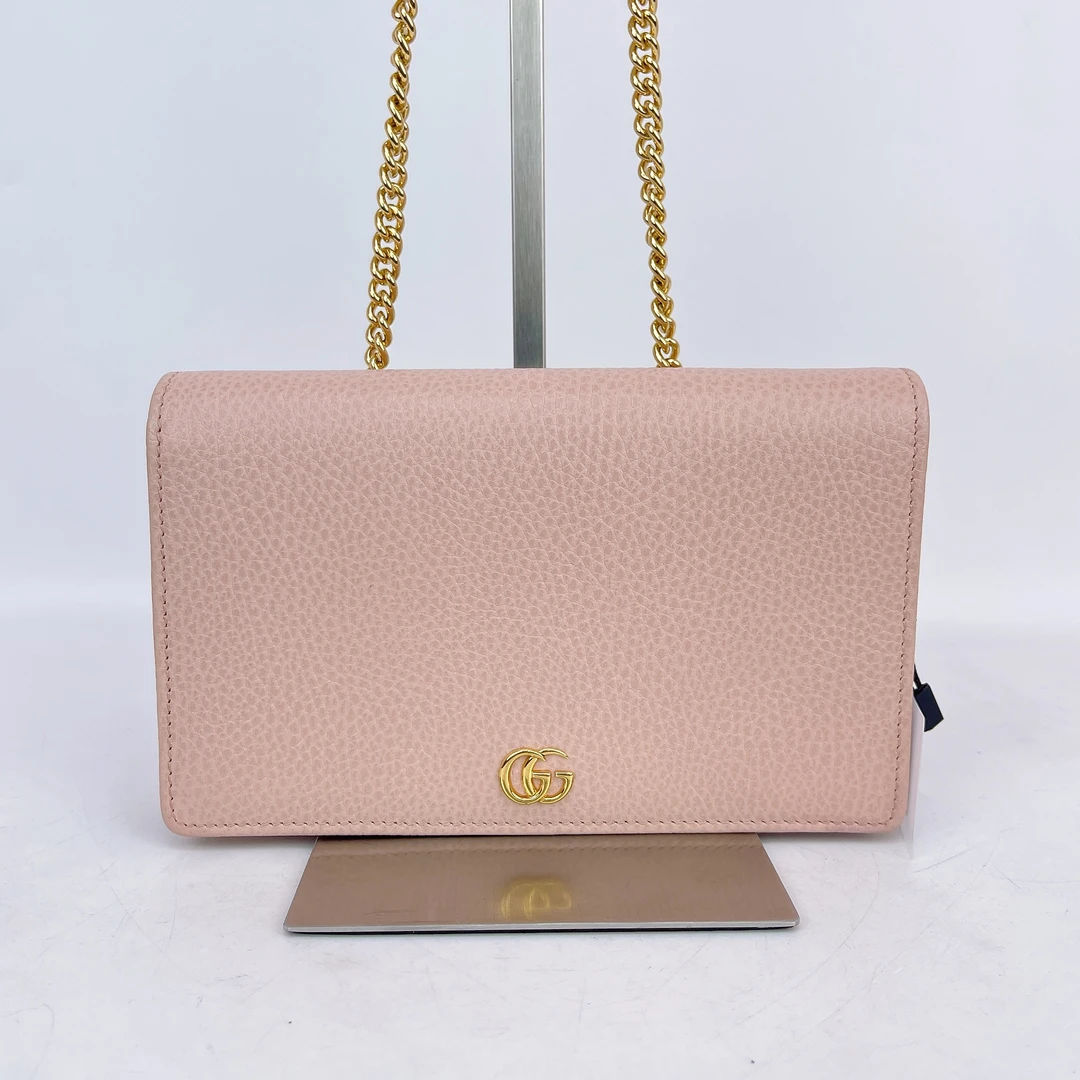 95新 GUCCI/古驰 古驰粉色链条斜挎包底20 k352