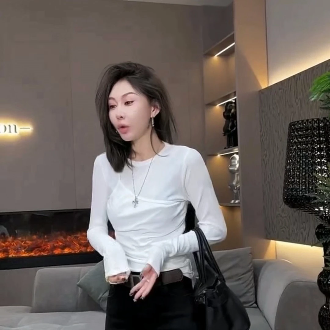 法式宽松型小众T恤白色打底衫长袖秋季修身常规款休闲网红圆领ins