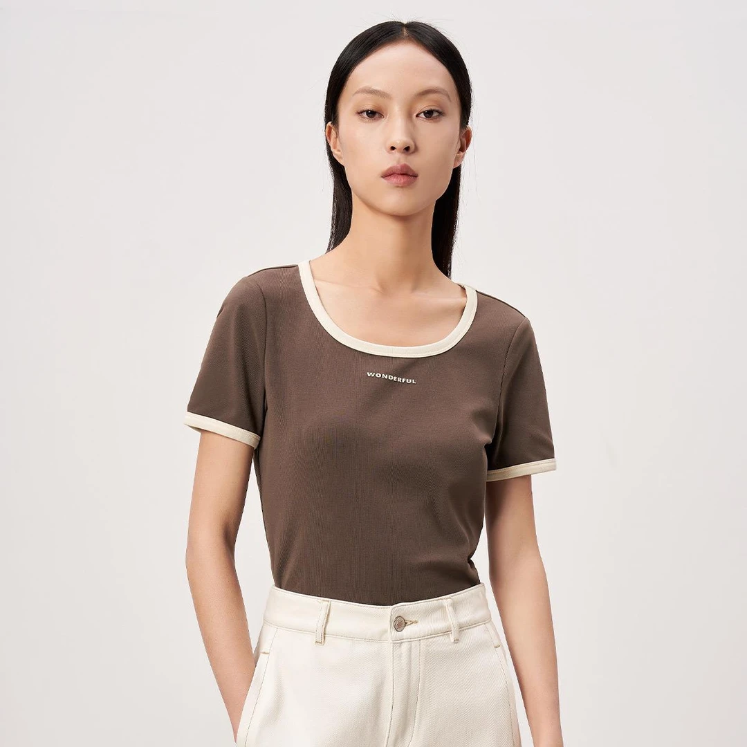 2024年春夏季新款拼色设计U领女士短袖T恤衫上衣F462750