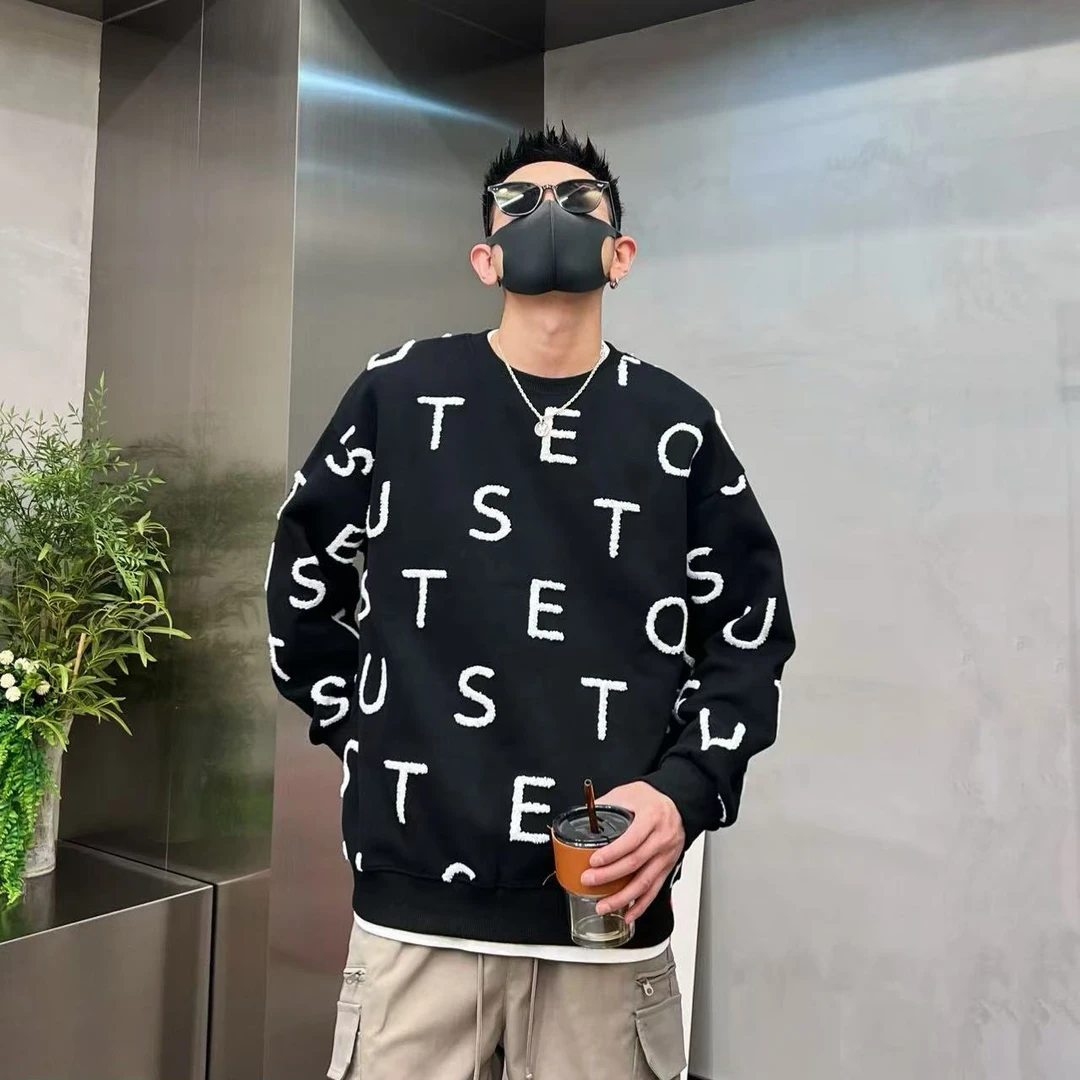 港风复古小众撞色立体字母时尚百搭情侣同款潮流圆领长袖卫衣