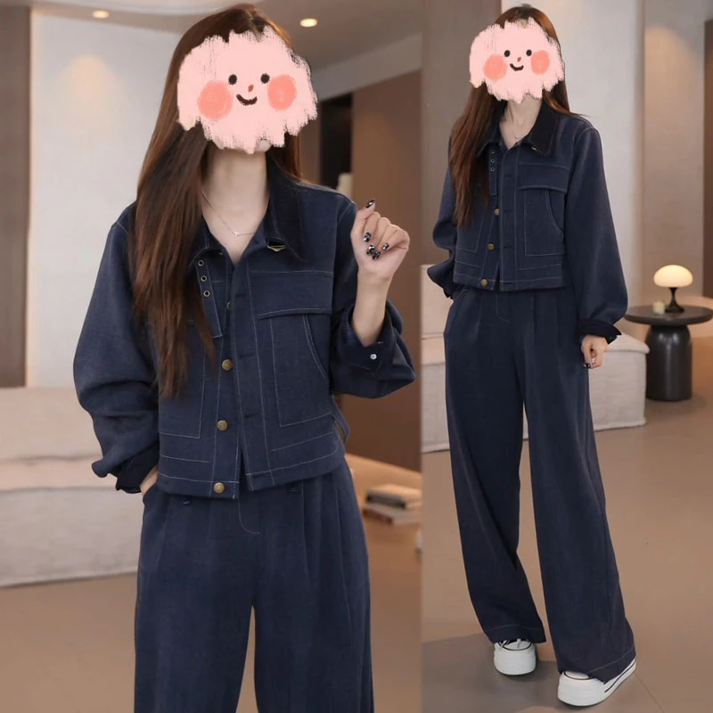 2025秋季新款简约时尚拼接短外套直筒裤两件套高级感休闲套装女士