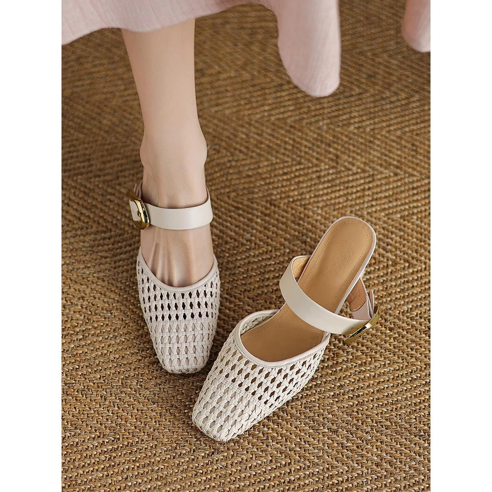 拖鞋女夏外跟包头025编织羊皮粗凉鞋穿洞洞新款女凉拖高跟鞋方头