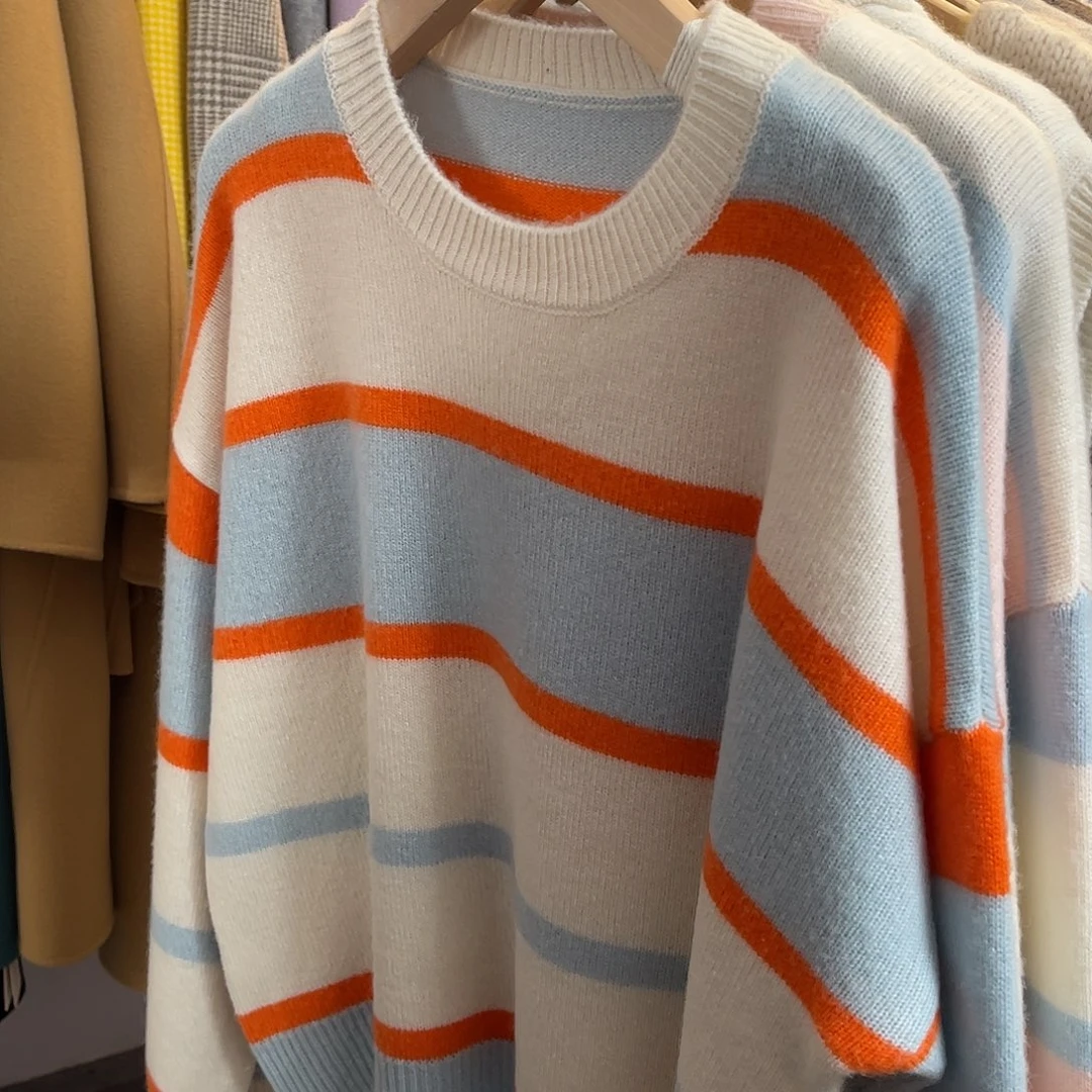 圆领 条纹 拼色 羊绒衫