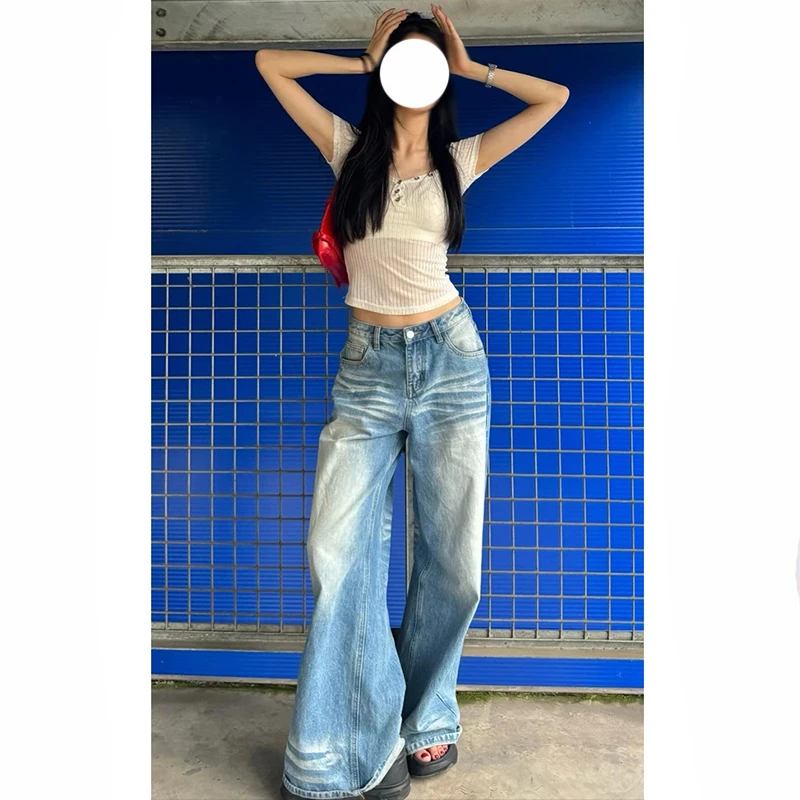 0130美式浅蓝阔腿牛仔裤女秋季高个子高腰宽松显瘦垂感拖地直筒裤