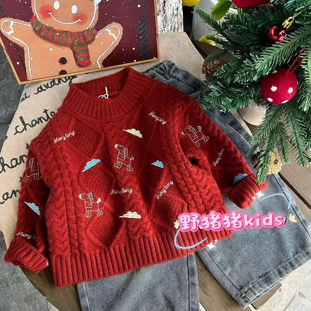 男童秋冬洋气过年红色圆领针织衫2026新款中小童简约麻花酷帅毛衣
