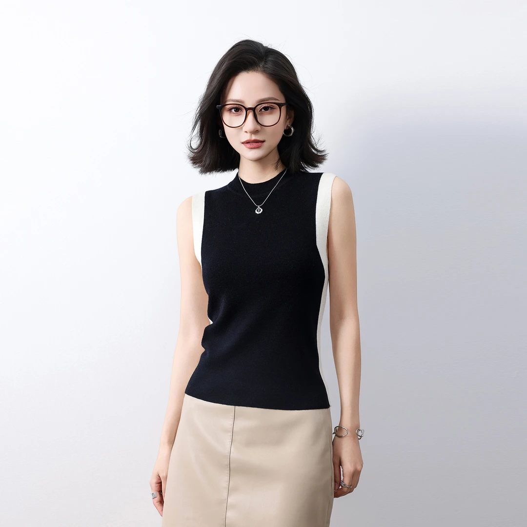 春秋100%精纺纯羊毛衫女圆领撞色背心吊带宽松套头内搭上衣QD1660