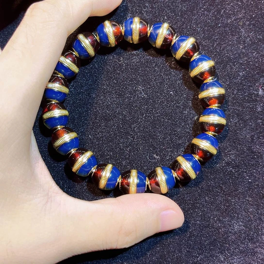 蓝珀银S925镀金镶嵌珠宝奇石12mm