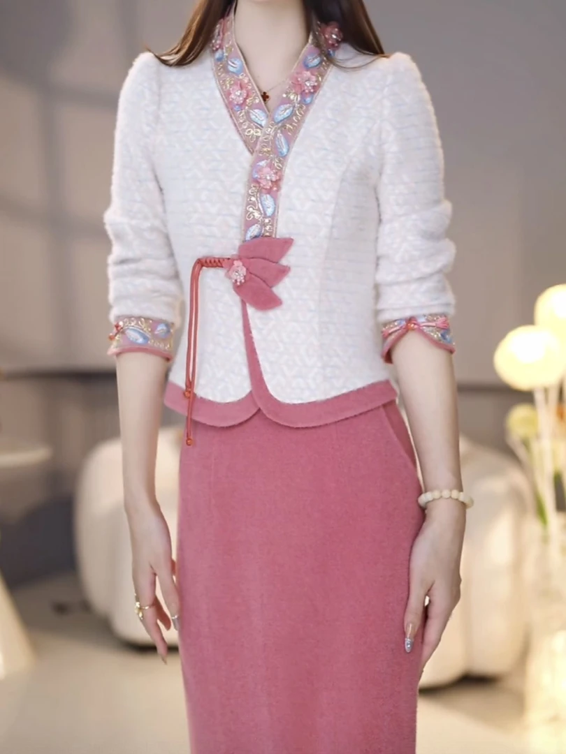 高级雪花绒新中式两件套礼服裙2025秋冬新款上衣半身裙保暖套装女