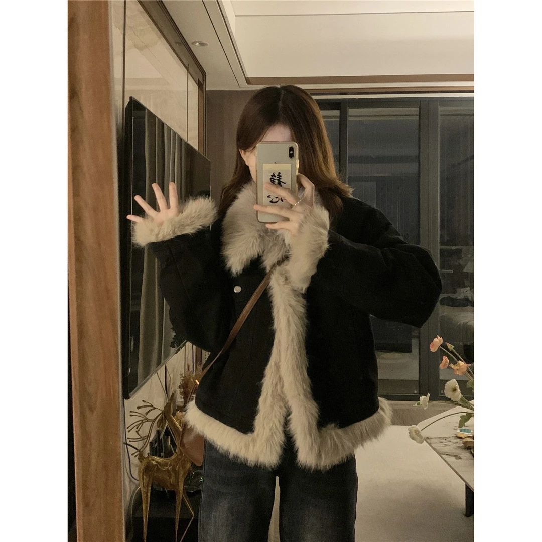 TSKM高级感夹棉拼接羊羔毛毛牛仔棉服外套女秋冬百搭宽松气质小香