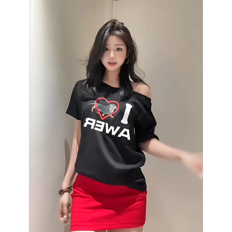 新款美式纯欲风斜肩短袖t恤女夏季新款复古设计感时尚辣妹上衣服