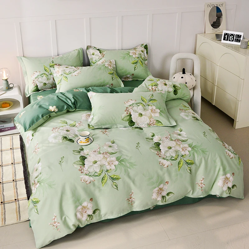 全棉亲肤被套四件套133*72印花斜纹棉全棉纯棉被罩双人床单四季款