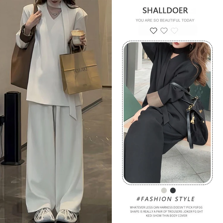 2025春秋新款时尚V领套头收腰上衣高腰显瘦拖地阔腿裤显瘦套装女