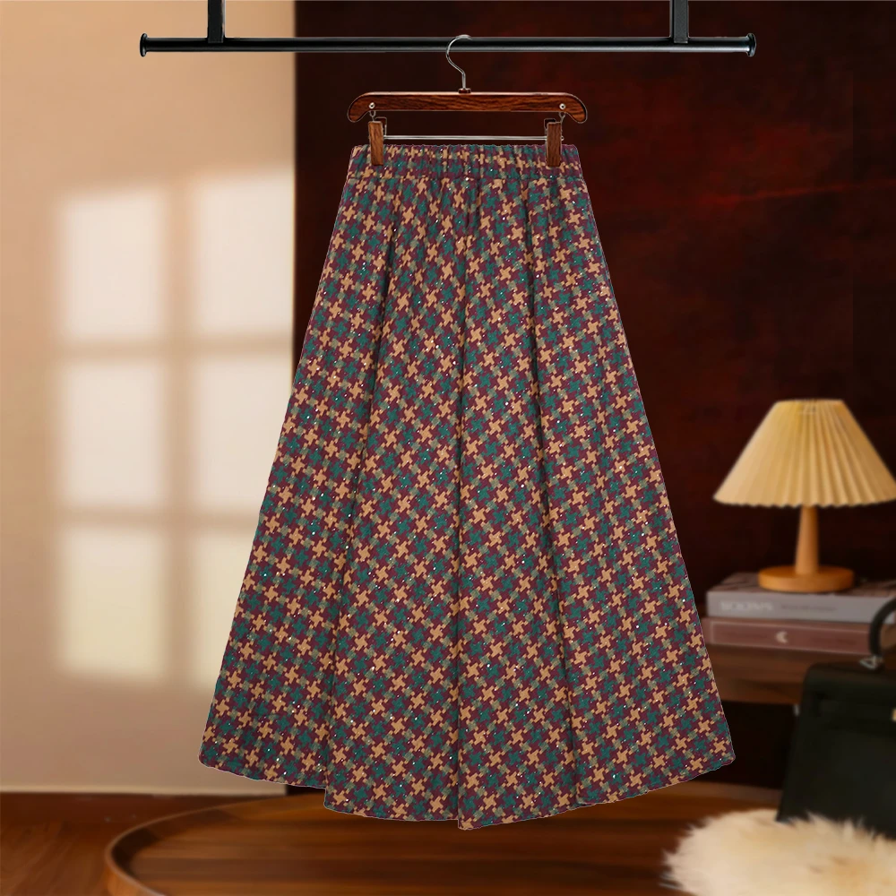 【NANA专属】2025秋冬格纹复古洒银半身裙高腰设计显瘦显优雅D8226