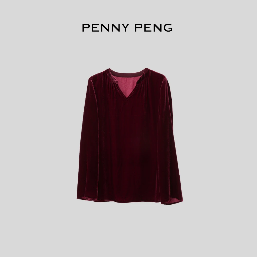PENNY PENG罗曼尼2.0【现货】早春红色气质轻奢设计师显瘦丝绒上衣