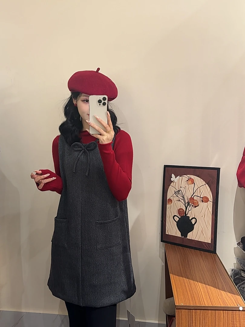 年款新款韩系温柔风显瘦蝴蝶结毛呢无袖连衣裙+针织打底衫套装