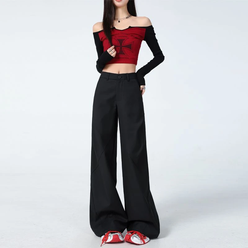 黑色褶皱设计西装裤男女同款2025春夏辛苦小众高街阔腿休闲裤潮