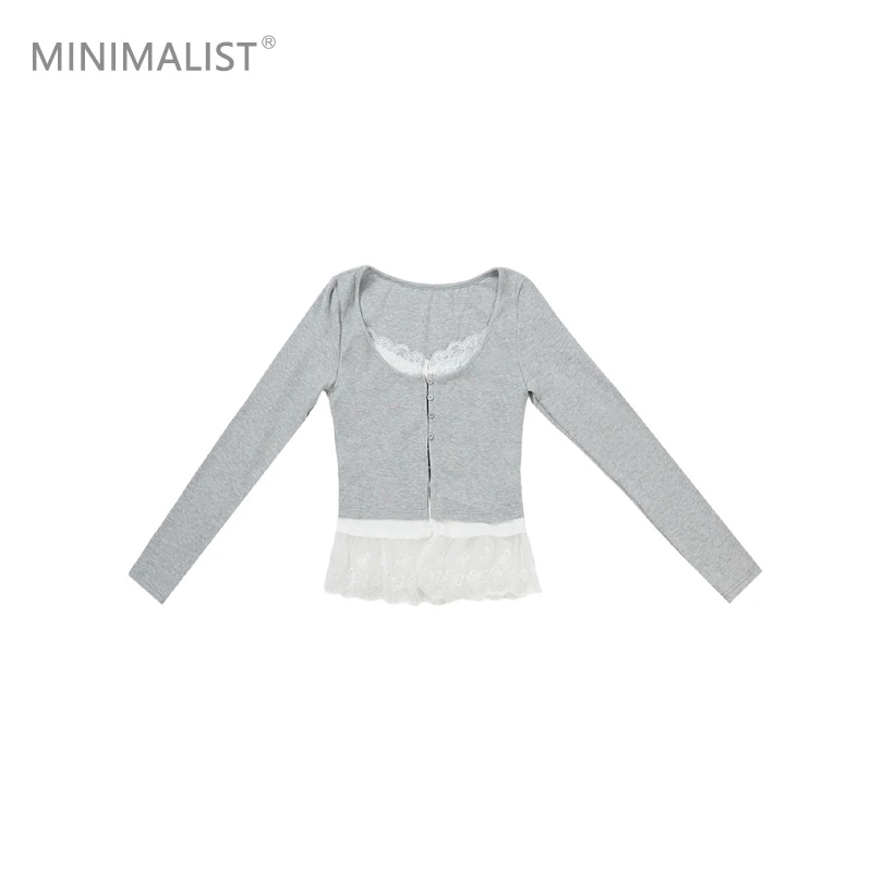 极限民《静淑》春季欧若风蕾丝边假两件长袖上衣F5102F0709